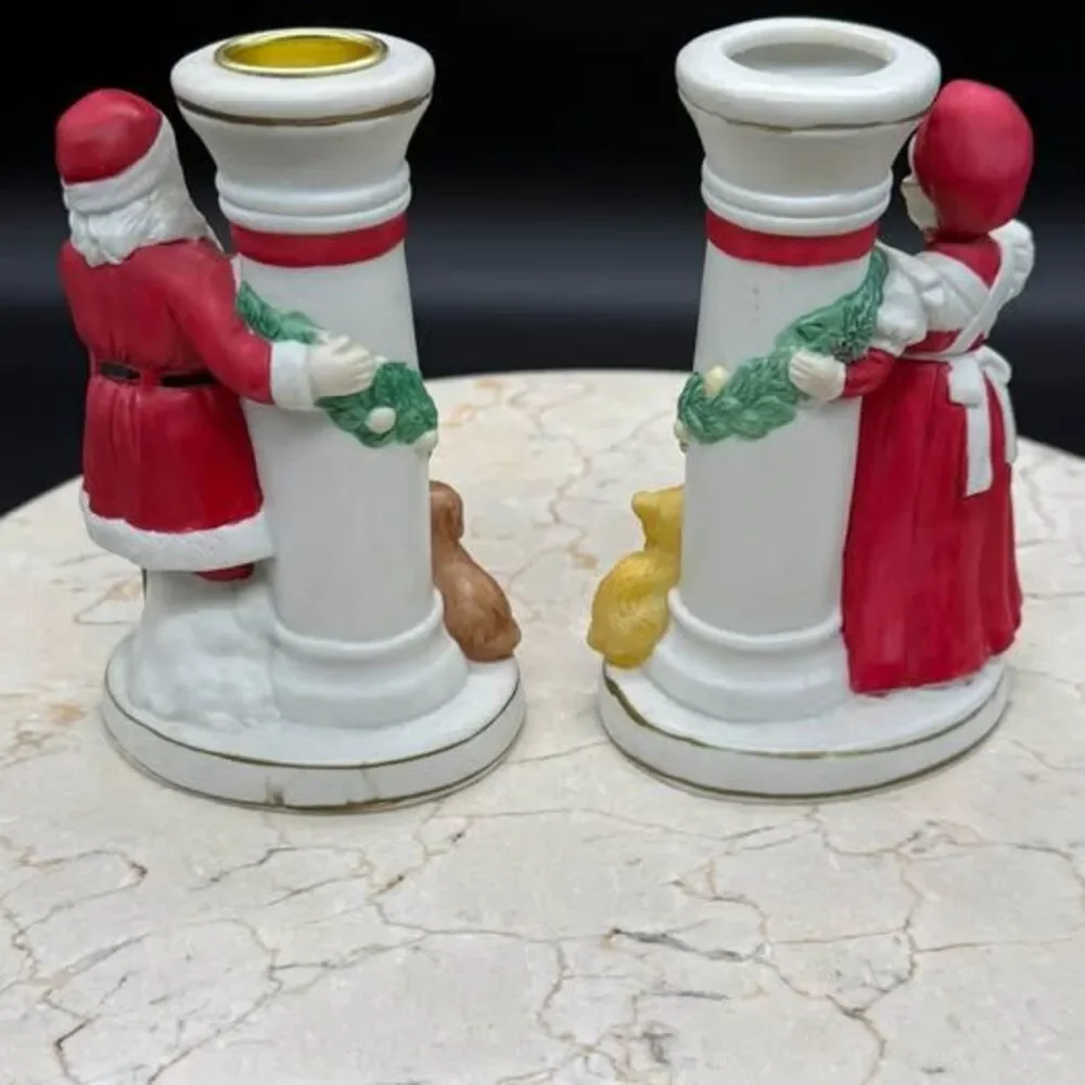 Vintage Hand-painted Santa and Mrs. Claus Christmas Candle Holders 4” Tall